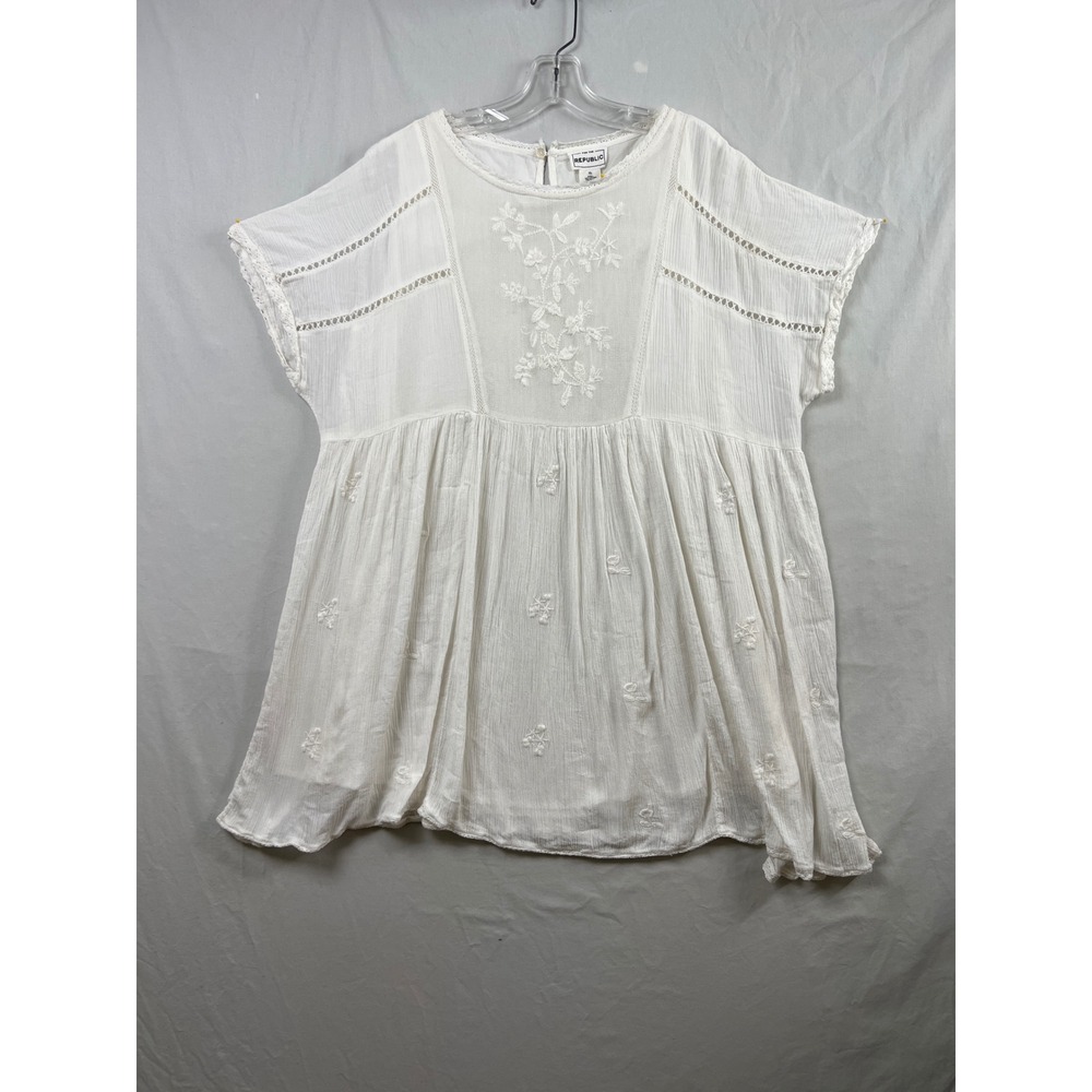 For The Republic Babydoll Mini Dress Women XL White Embroidered Lace Boho Gauze